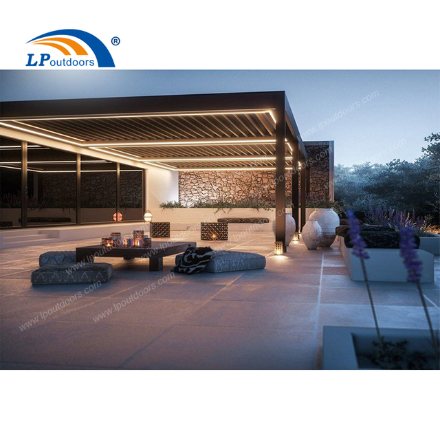 Gazebo de techo con persianas de aluminio ventilado negro para exteriores para descansar