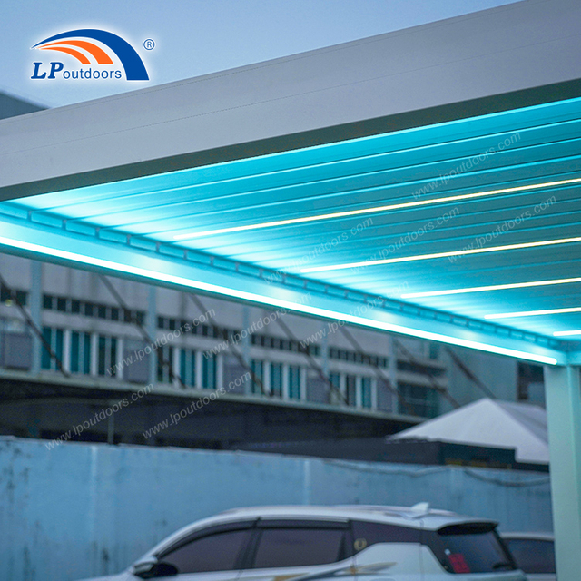 Piscina de diseños modernos motorizada Pérgola de techo exterior eléctrica con luces LED