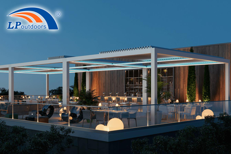 Villa Hotel Pabellón con persiana eléctrica, pérgola de aleación de aluminio, sombrilla inteligente, pabellón de ocio al aire libre con luz LED