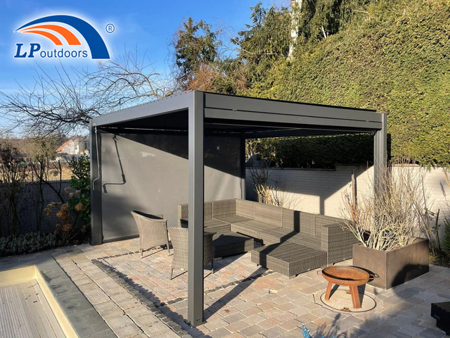 Pérgola Gazebo de aluminio 4x6 6x4m con techo de persianas motorizadas y persianas enrollables